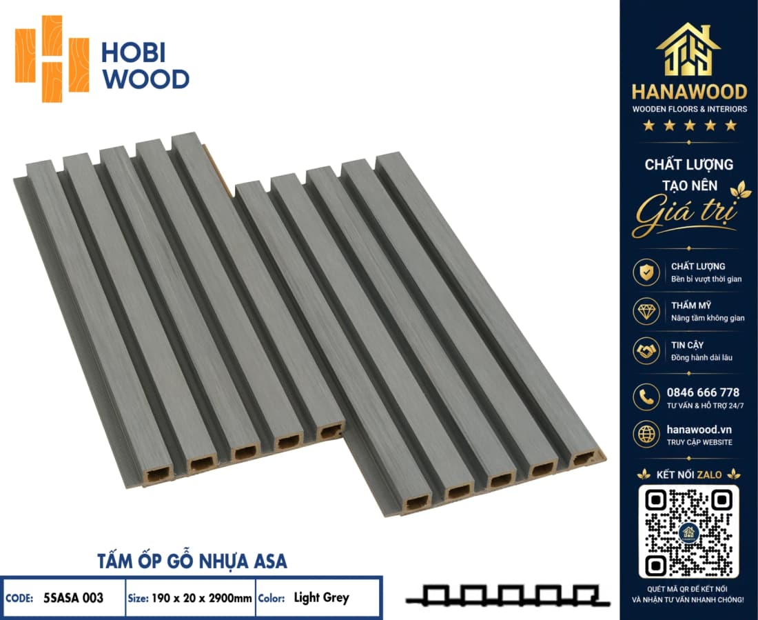 Tấm Ốp Lam Sóng Ngoài Trời Phủ ASA Hobiwood 5SASA 003 Light Grey hiện đại chống cong vênh nứt nẻ
