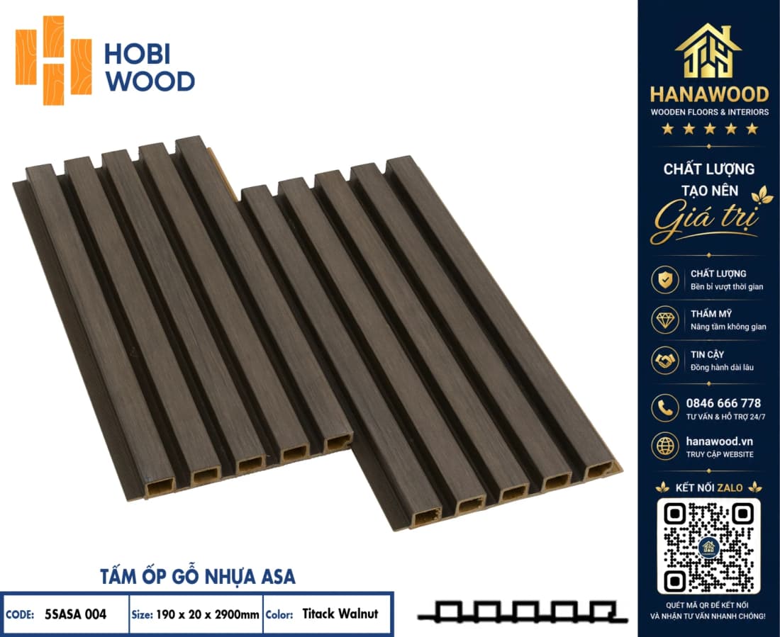 Tấm Ốp Trần Lam Sóng Ngoài Trời ASA Hobiwood 5SASA 004 Titack Walnut vân gỗ sang trọng chống rêu mốc
