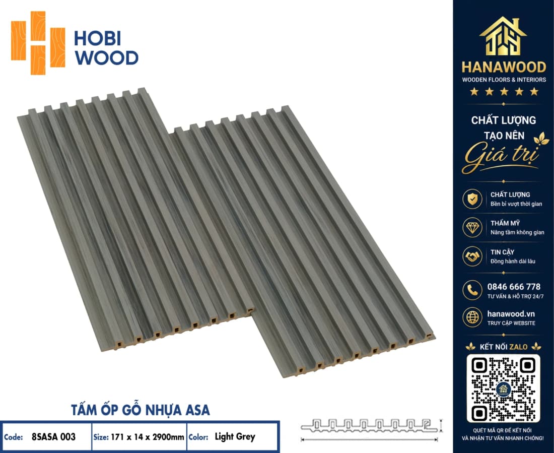 Lam 8 Sóng Ngoài Trời ASA Hobi Wood 8SASA 003 Light Grey tone xám sáng chống bám bẩn dễ lau chùi