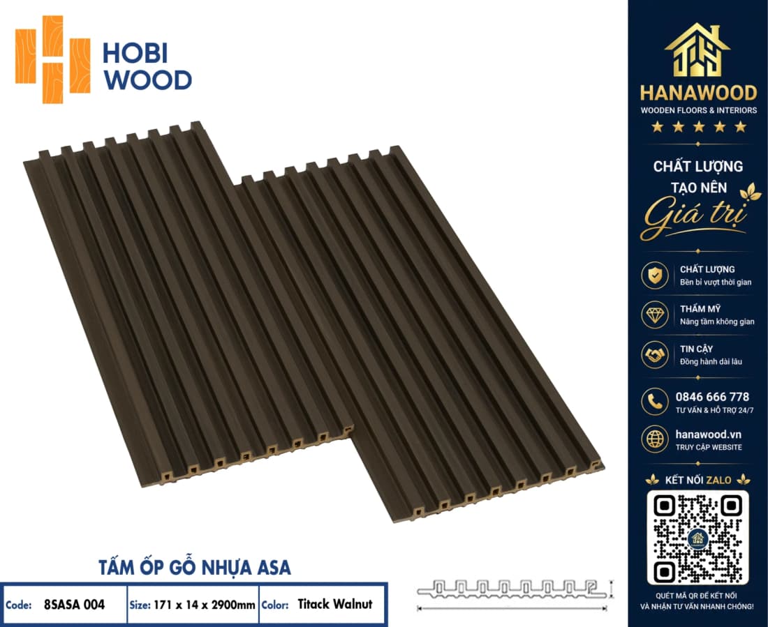Lam Sóng Ngoài Trời Phủ ASA Hobiwood 8SASA004 Titack Walnut phôi nhựa ASA chịu mọi thời tiết