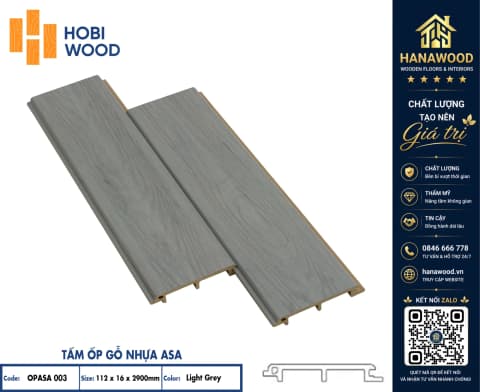 Tấm Ốp Vách Ngoài Trời Phủ ASA Hobiwood OPASA 003 Light Grey mảng tường trang trí ngoại thất bền đẹp