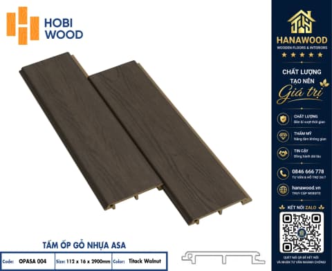 Tấm Ốp Tường Gỗ Nhựa Phủ ASA Hobiwood OPASA 004 Titack Walnut kết cấu khóa hèm khít chống dột
