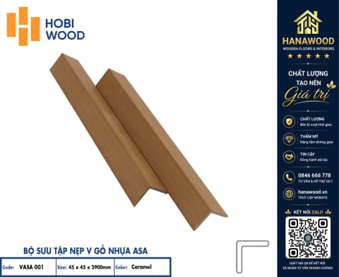 Nẹp Chữ V Ngoài Trời Phủ ASA Hobiwood V45x45 Vasa 001 Caramel phụ kiện bo góc chống va đập móp méo