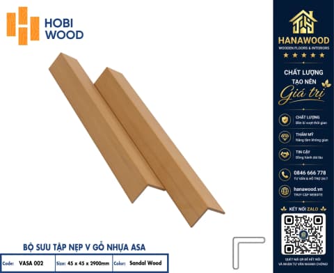 Nẹp Góc V Gỗ Nhựa Hobiwood Phủ ASA V45x45 Vasa 002 Sandal Wood che mối nối thẩm mỹ cao