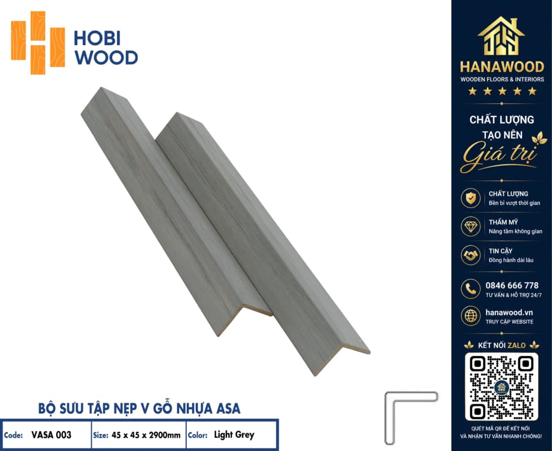 Nẹp Chữ V Ngoài Trời Phủ ASA Hobiwood V45x45 Vasa 003 Light Grey phôi nhựa nguyên sinh chịu nhiệt