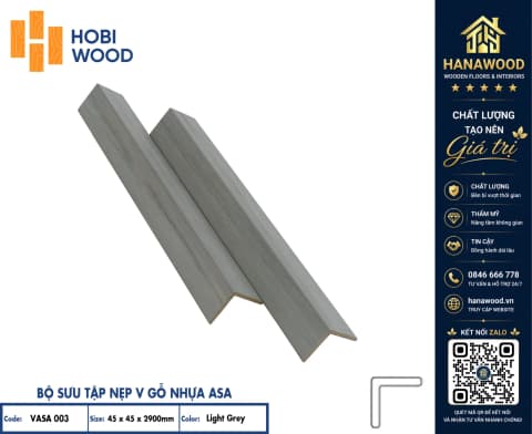 Nẹp Chữ V Ngoài Trời Phủ ASA Hobiwood V45x45 Vasa 003 Light Grey phôi nhựa nguyên sinh chịu nhiệt