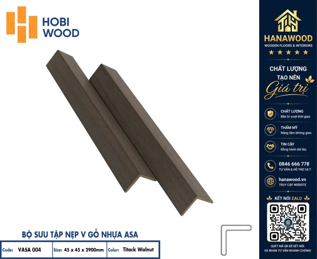 Nẹp Góc V Ngoài Trời Hobiwood Phủ ASA V45x45 Vasa 004 Titack Walnut độ bền vượt trội không phai màu