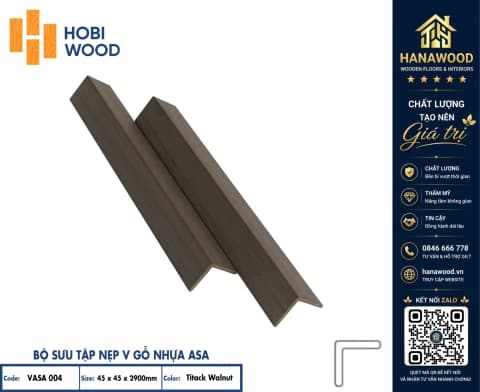 Nẹp Góc V Ngoài Trời Hobiwood Phủ ASA V45x45 Vasa 004 Titack Walnut độ bền vượt trội không phai màu
