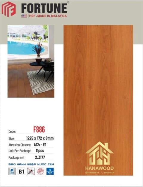 Sàn Gỗ Công Nghiệp Fortune F886 Dày 8mm