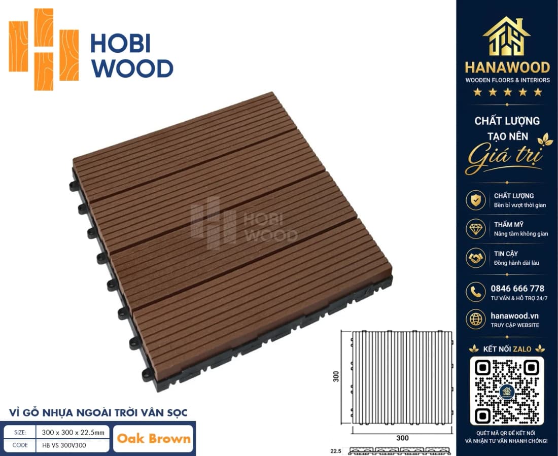 Vỉ Gỗ Nhựa Ngoài Trời Hobi Wood Vân Sọc Oka Brown