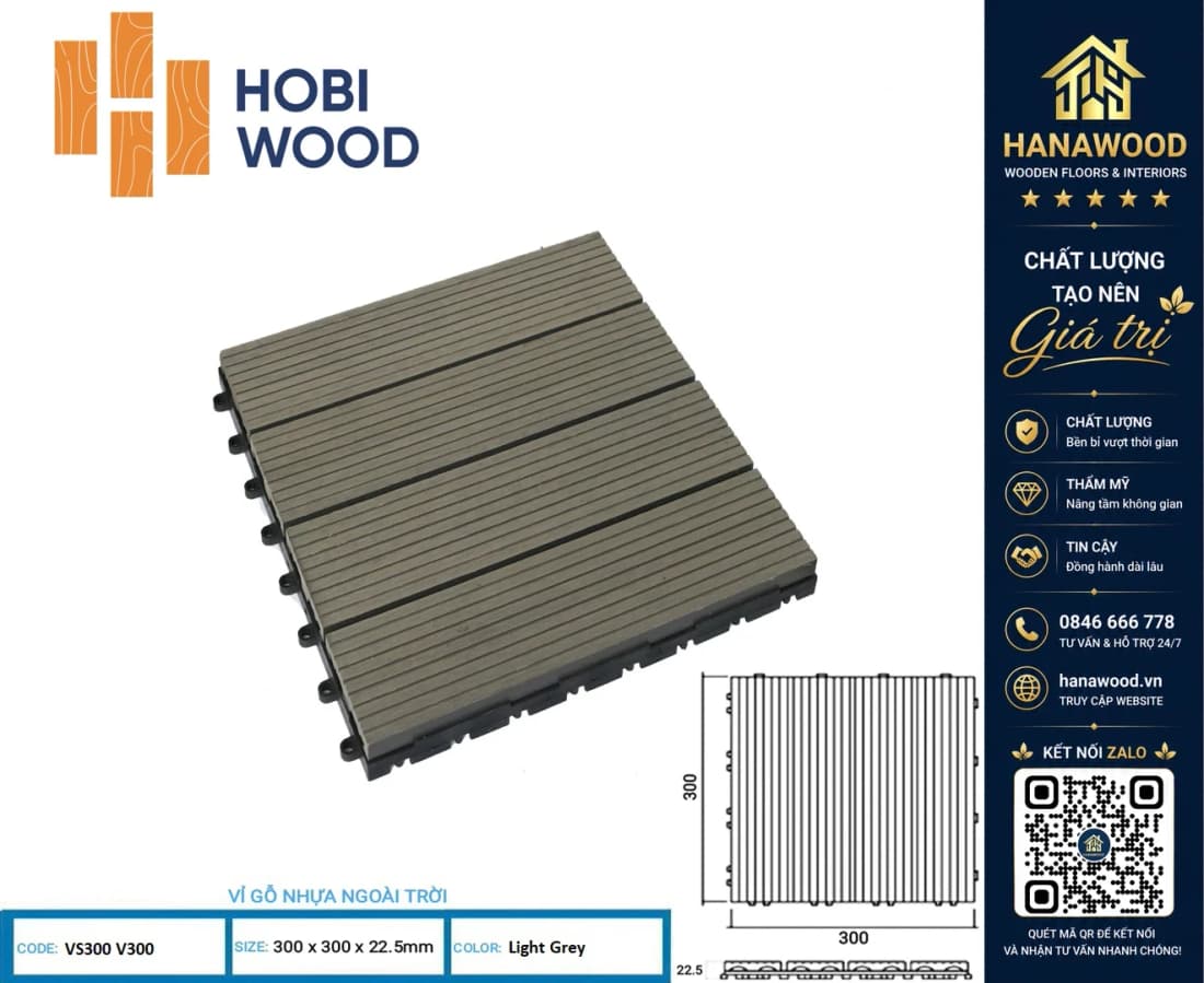 Vỉ Gỗ Nhựa Ngoài Trời Hobi Wood Vân Sọc Light Grey