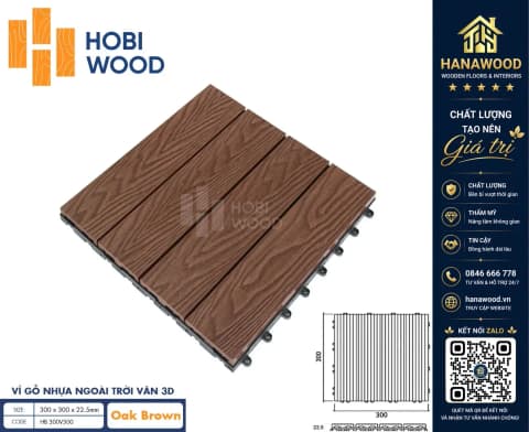 Vỉ Gỗ Nhựa Ngoài Trời Hobi Wood Vân 3D Oka Brown