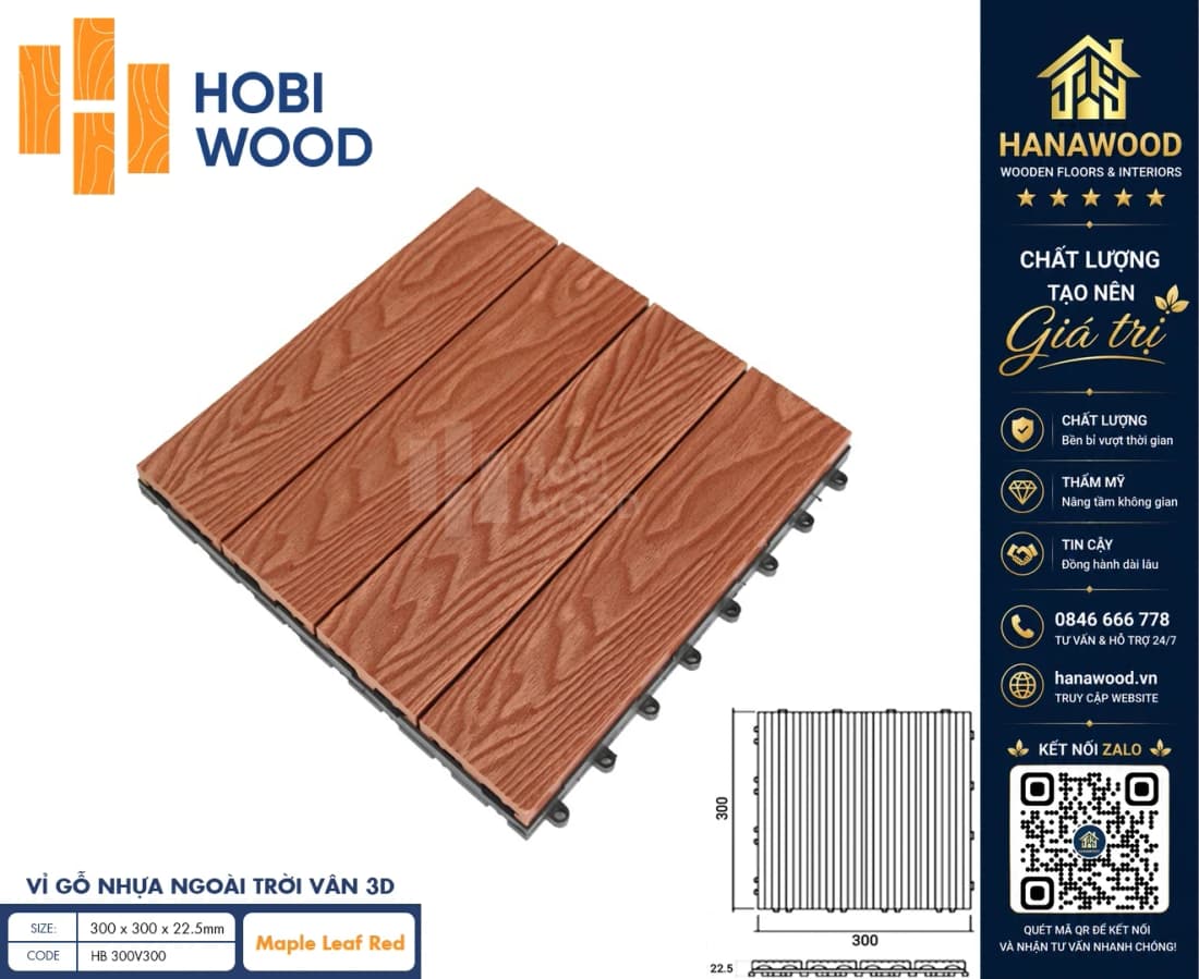 Vỉ Gỗ Nhựa Ngoài Trời Hobi Wood Vân 3D Maple-Leaf Red (Màu đỏ lá phong)