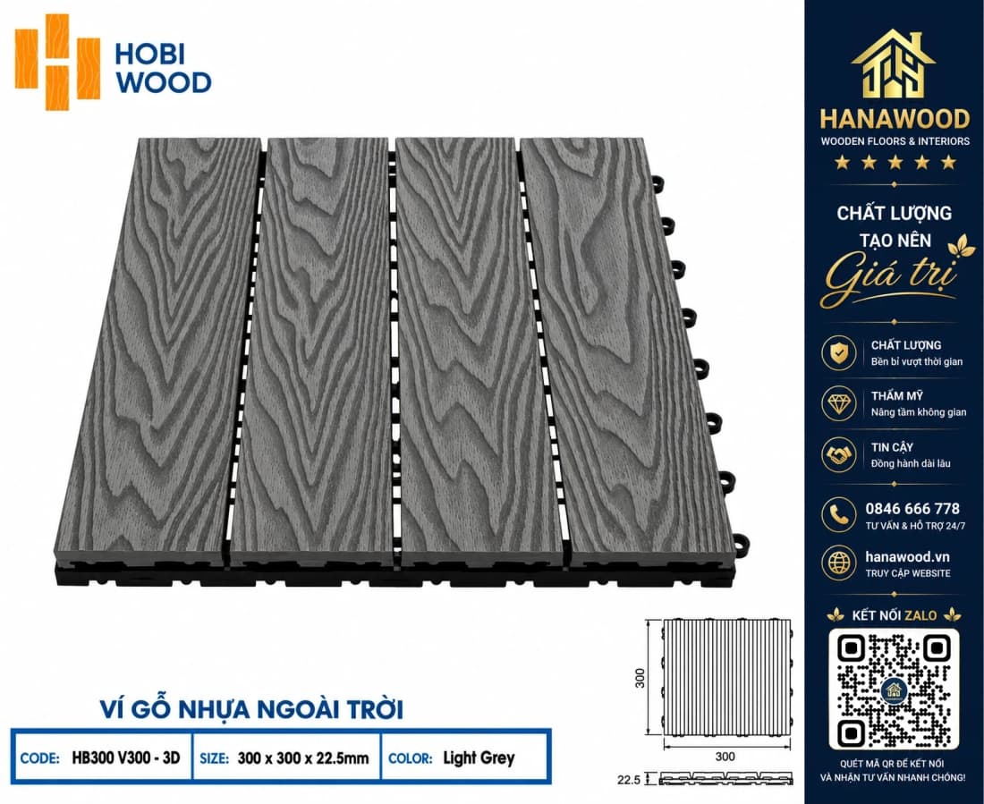 Vỉ Gỗ Nhựa Ngoài Trời Hobi Wood Vân 3D Light Grey (Màu Xám Nhạt / Ghi Sáng)