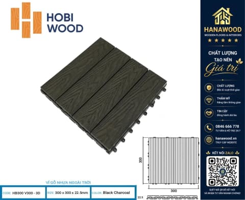Vỉ Gỗ Nhựa Ngoài Trời Hobi Wood Vân 3D Black Charcoal (Màu Đen Than)