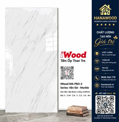 Tấm Ốp Tường Than Tre iWood MA PRO-2 Vân Đá Trắng Calacatta