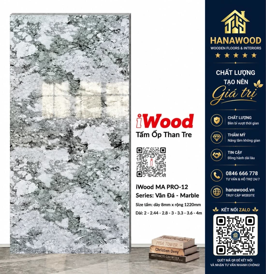 Tấm Ốp Tường Than Tre iWood MA PRO-12 Vân Đá Xanh Rêu Xám