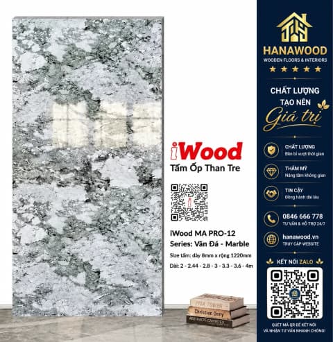 Tấm Ốp Tường Than Tre iWood MA PRO-12 Vân Đá Xanh Rêu Xám