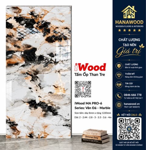 Tấm Ốp Than Tre Vân Đá iWood MA PRO-6 Đa Sắc Đen Vàng Xanh