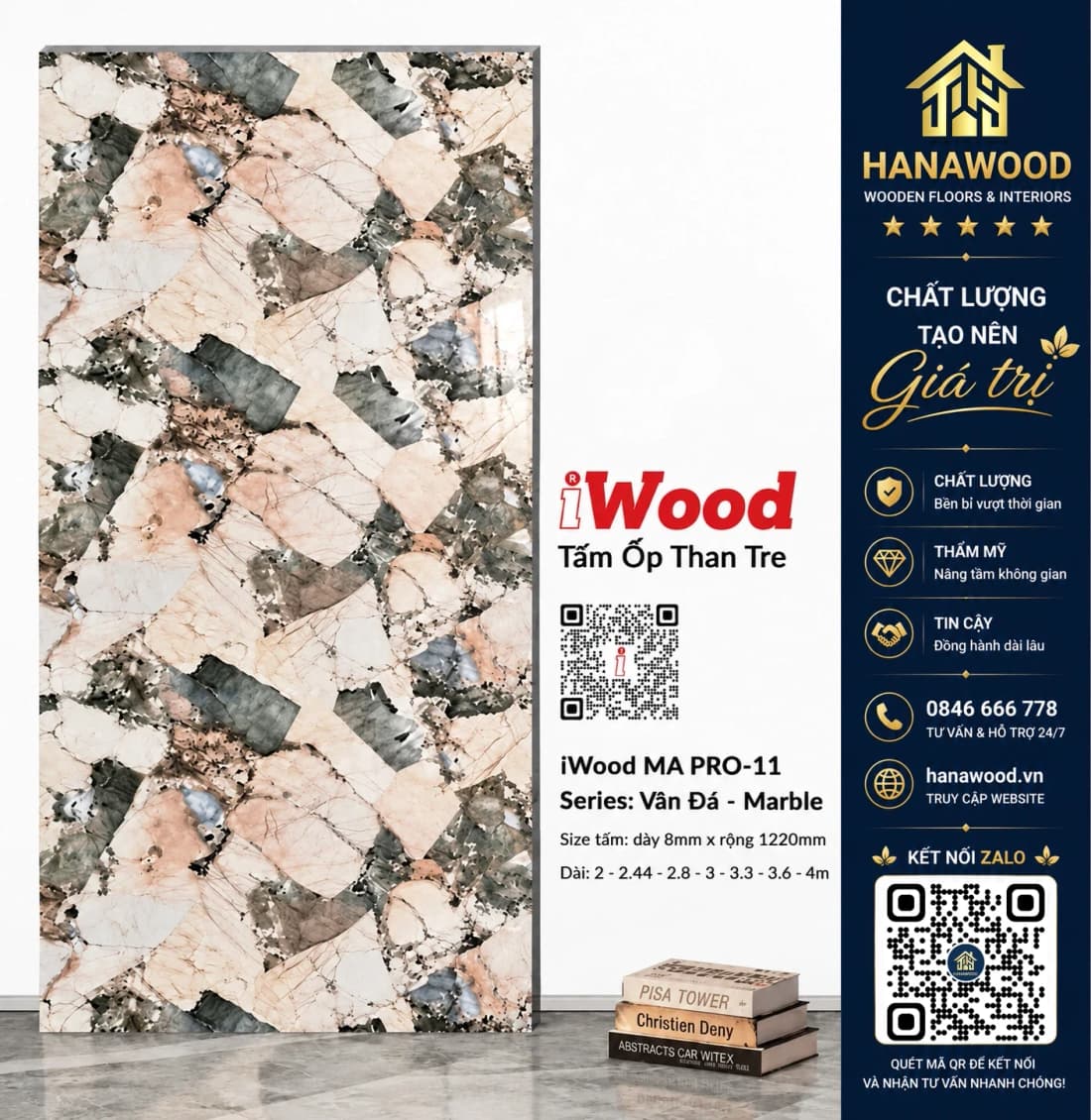 Tấm Ốp Than Tre iWood MA PRO-11 Vân Đá Hồng Xám Mosaic