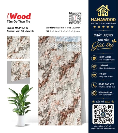 Tấm Ốp Than Tre iWood MA PRO-10 Vân Đá Hồng Xám