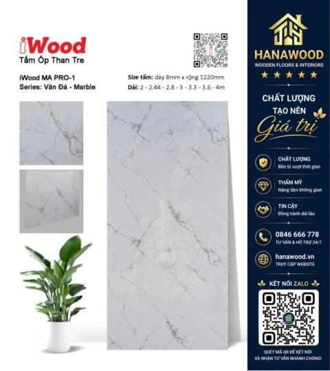 Tấm Ốp Than Tre iWood MA PRO-1 Vân Đá Trắng Xám Nhạt