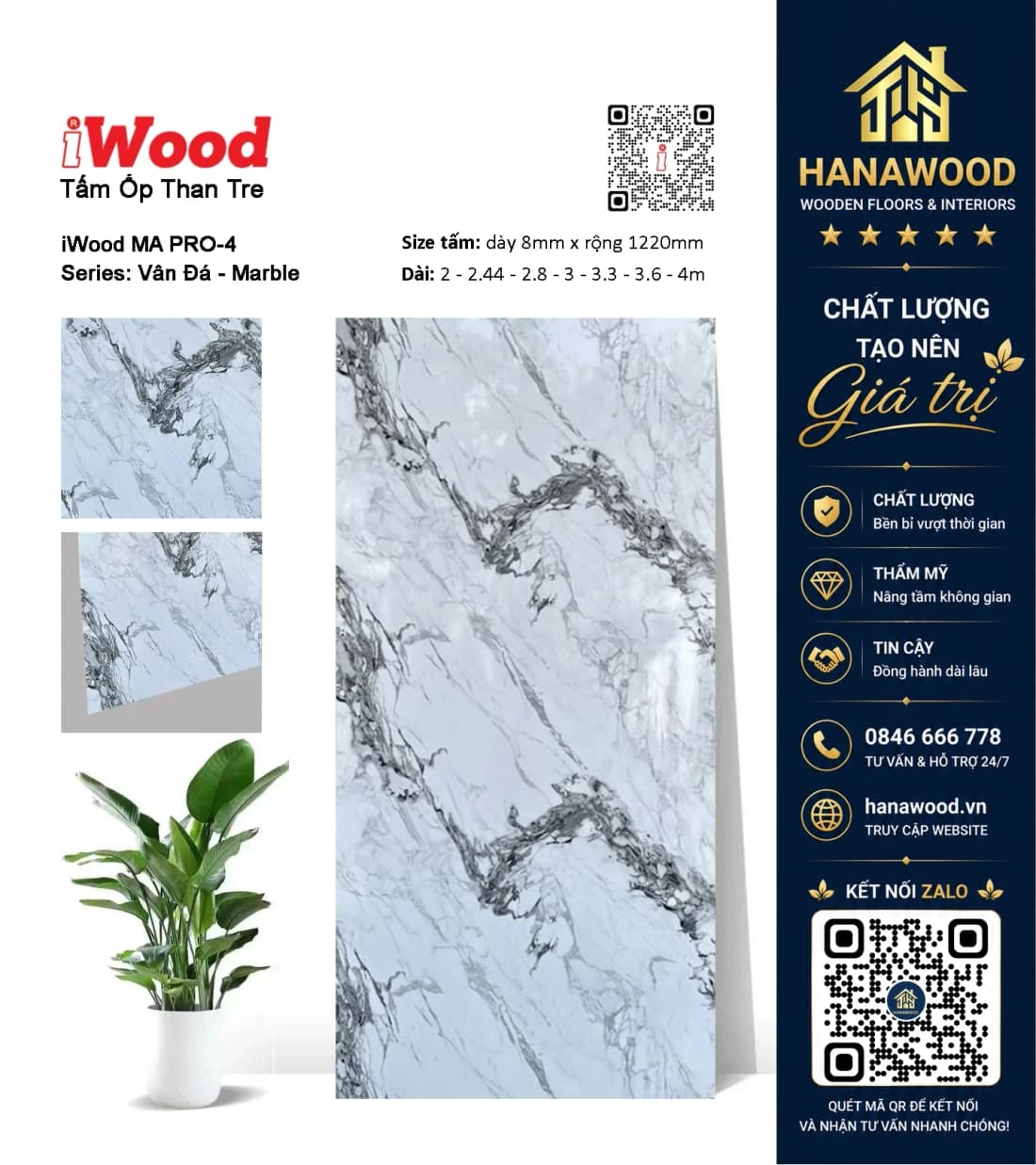 Tấm Ốp Sợi Than Tre iWood MA PRO-4 Vân Đá Trắng Tím