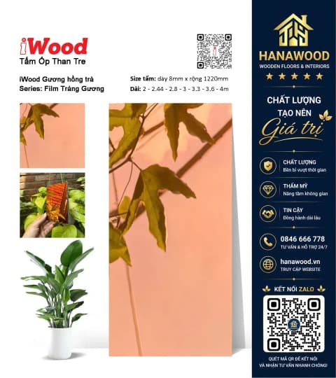 Tấm Ốp Sợi Than Tre iWood Film Gương Hồng Trà