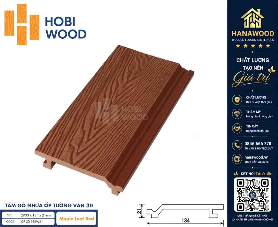 Tấm Ốp Gỗ Nhựa Ngoài Trời Hobi Wood Vân 3D Maple-Leaf Red