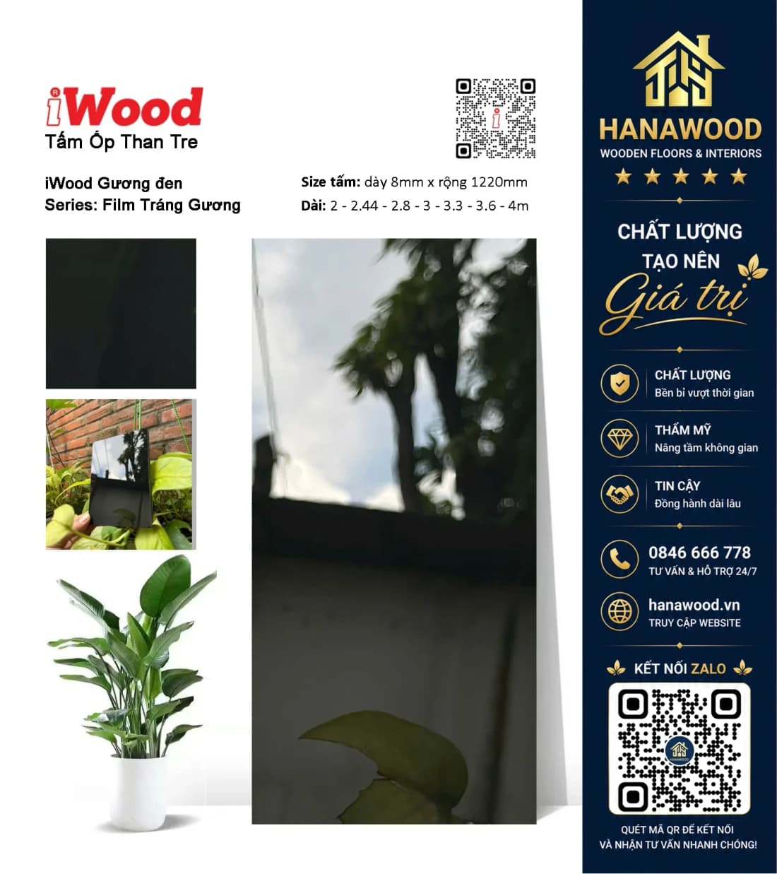 Tấm Ốp Đa Năng Than Tre iWood Film Tráng Gương Đen
