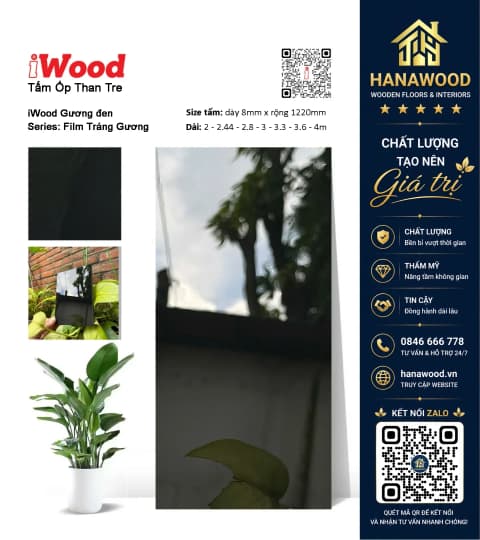 Tấm Ốp Đa Năng Than Tre iWood Film Tráng Gương Đen