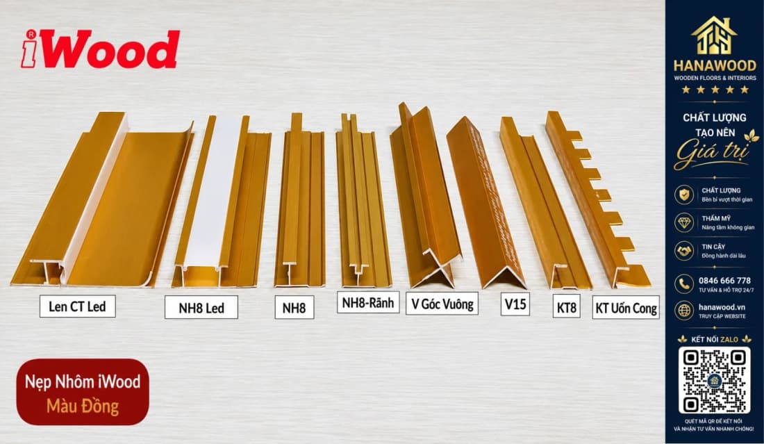 Phụ Kiện Nẹp Nhôm Tấm Ốp Than Tre iWood Màu Vàng Đồng