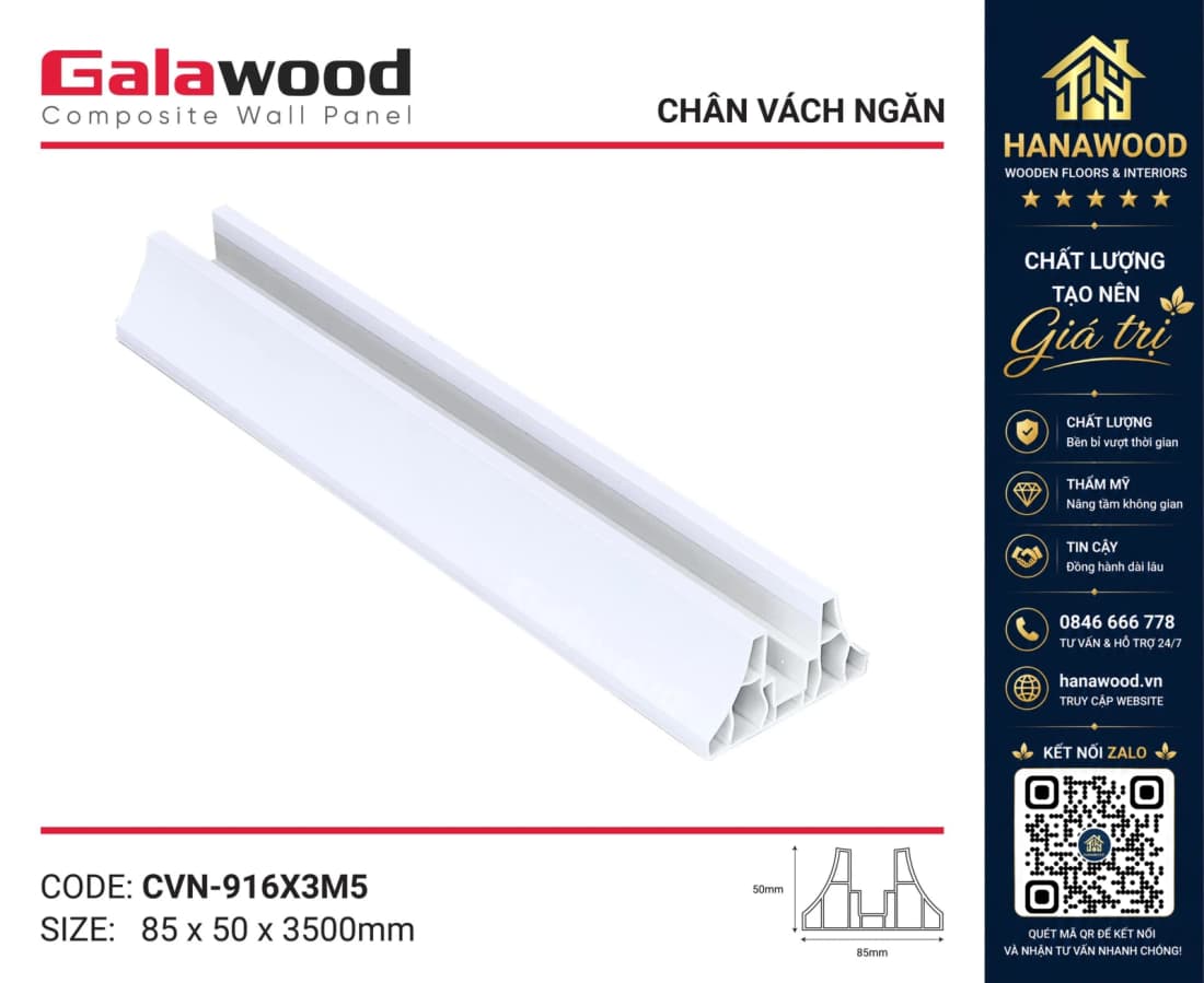 Chân Đế Vách Ngăn Phòng Nhựa PVC Trắng Trơn Galawood CVN-916X3M5