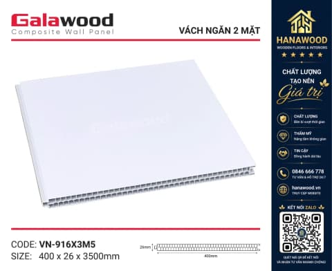 Tấm Vách Ngăn Phòng Nhựa PVC Trắng Trơn Galawood VN-916X3M5