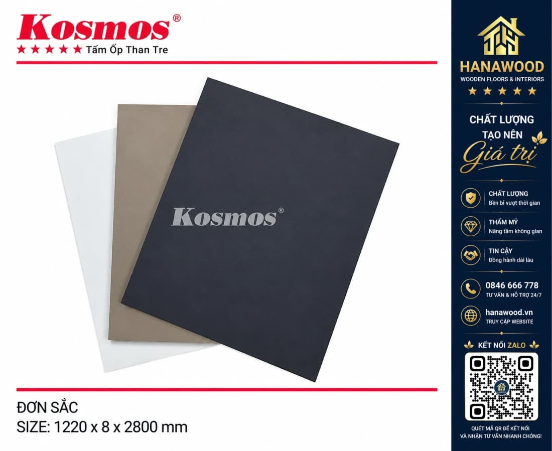 Tấm Ốp Đa Năng Sợi Than Tre 8mm Đơn Sắc Kosmos