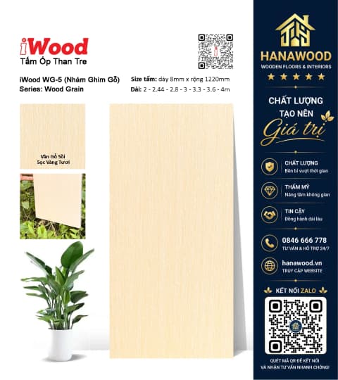 Tấm Ốp Tường Than Tre Vân Gỗ Sồi Sọc Vàng Tươi iWood WG-5