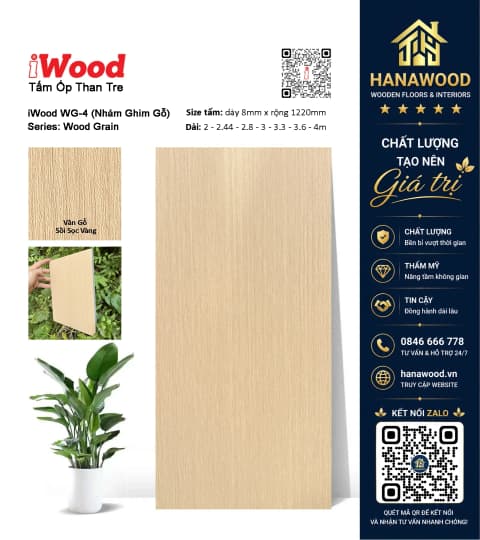 Ốp Trần Sợi Than Tre Đa Năng Vân Gỗ Sòi Sọc Vàng iWood WG-4