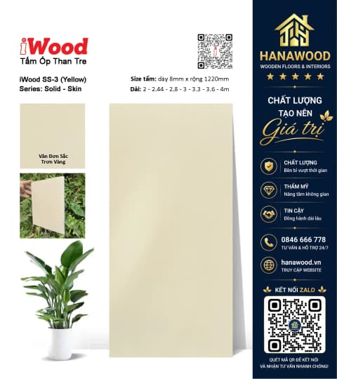 Tấm Ốp Sợi Than Tre Vân Đơn Sắc Trơn Vàng iWood SS-3