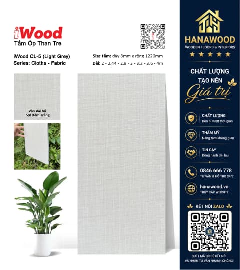 Tấm Than Tre Ốp Trần Vân Vải Bố Sợi Xám Trắng iWood CL-5