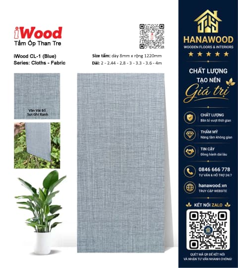 Tấm Ốp Than Tre Đa Năng Vân Vải Bố Ghi Xanh iWood CL-1