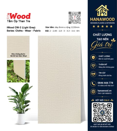Tấm Ốp Sợi Than Tre Vải Bố Xám Nhạt iWood CW-2