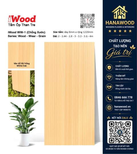 Tấm Ốp Sợi Than Tre Vân Gỗ Sồi Trắng White Oak iWood WW-1