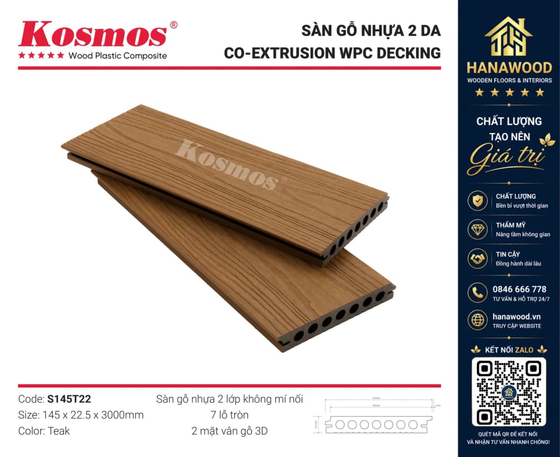 Sàn Gỗ Nhựa Lỗ Tròn 2 Lớp Phủ Polymer Kosmos S145T22 Teak