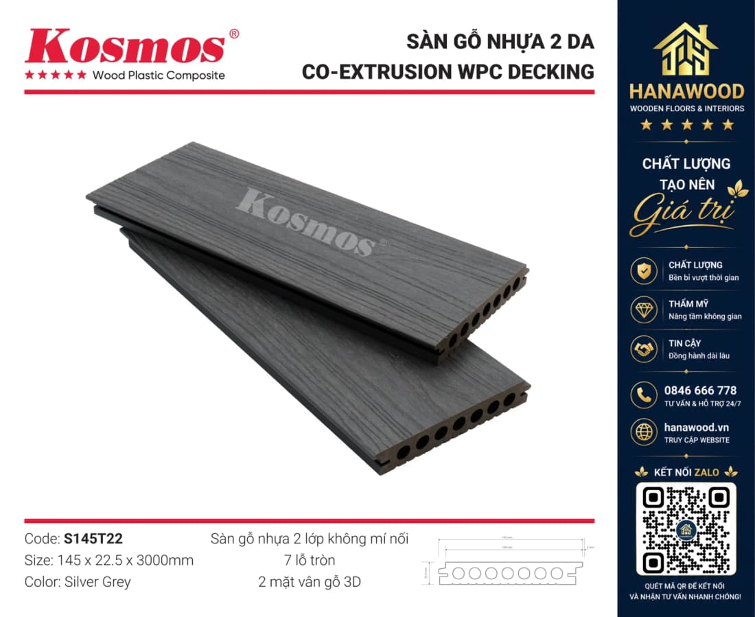 Sàn Gỗ Nhựa Ngoài Trời Lỗ Tròn 2 Da Kosmos S145T22 Silver Grey