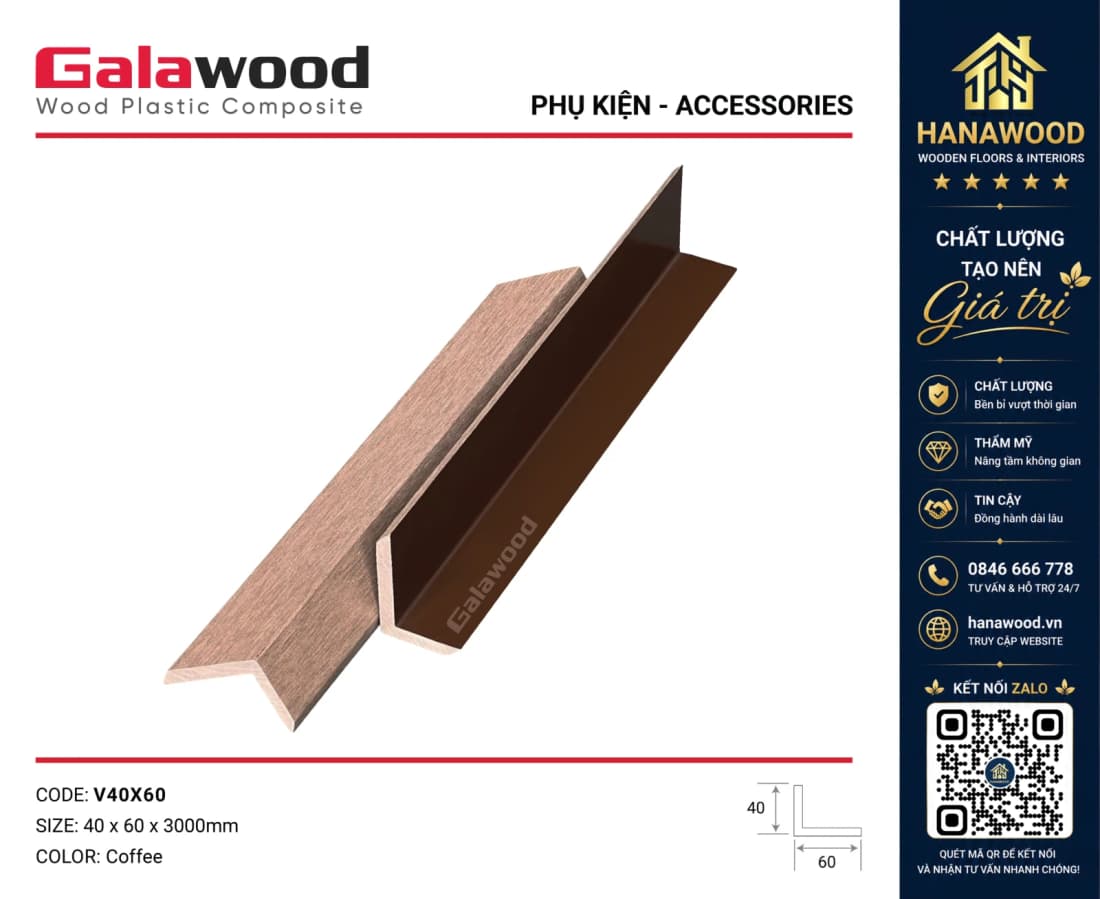 Nẹp Chữ V Gỗ Nhựa Ngoài Trời Galawood V40X60 Coffee