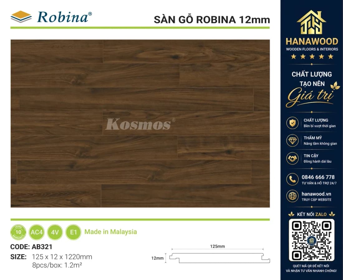 Sàn Gỗ Malaysia Robina Dày 12mm Bản Nhỏ AB321