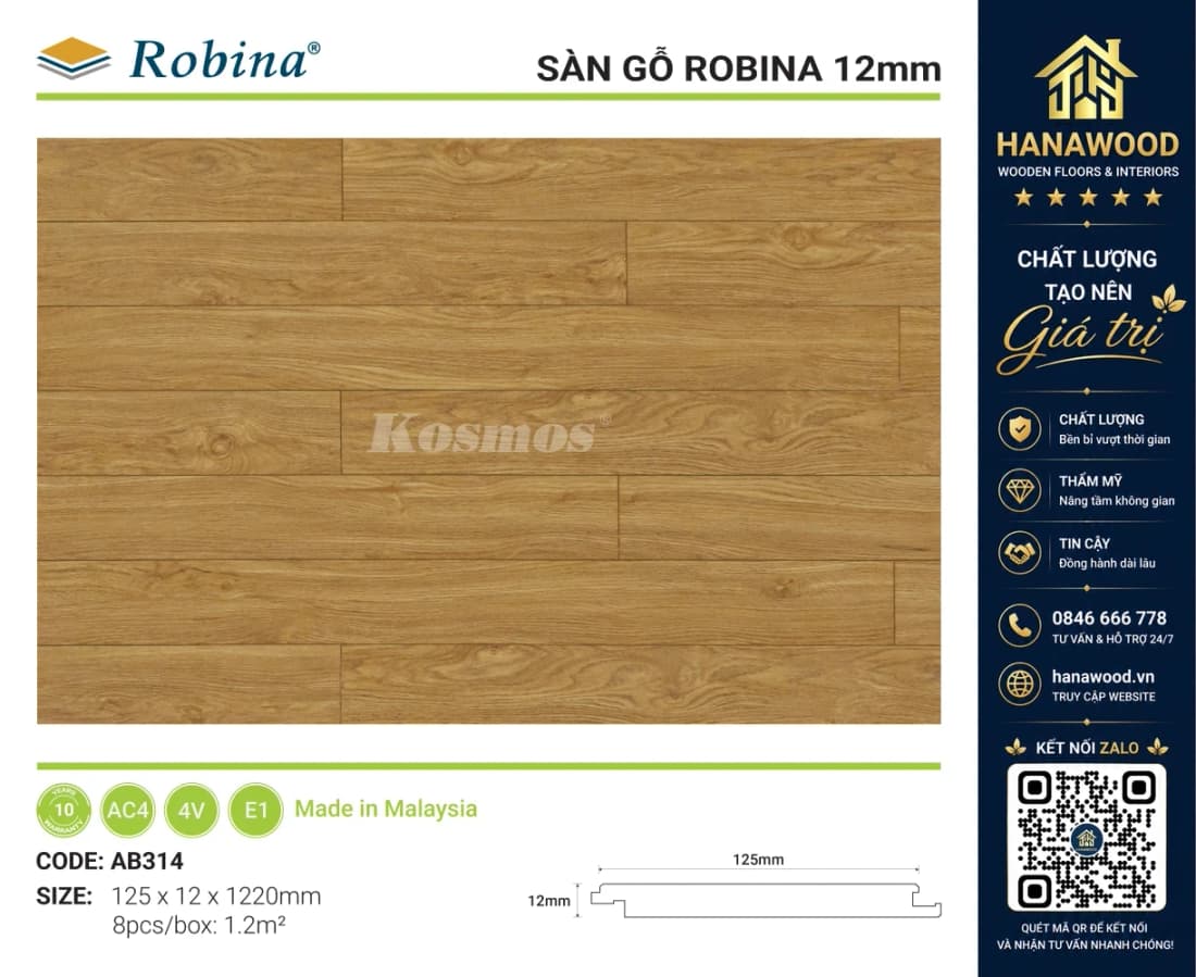 Sàn Gỗ Công Nghiệp 12mm Bản Nhỏ Robina AB314