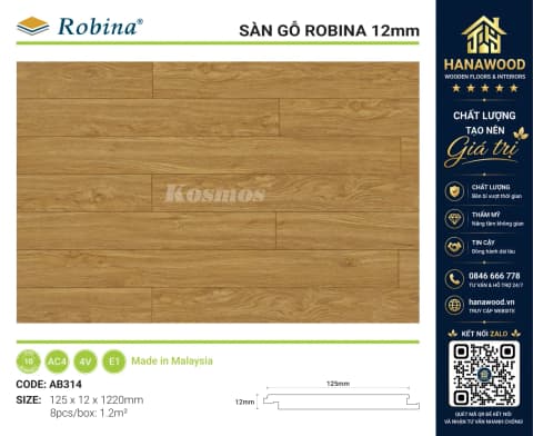Sàn Gỗ Công Nghiệp 12mm Bản Nhỏ Robina AB314