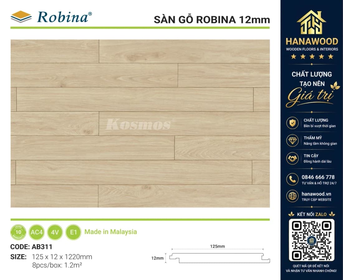 Sàn Gỗ Công Nghiệp Robina 12mm Bản Nhỏ AB311