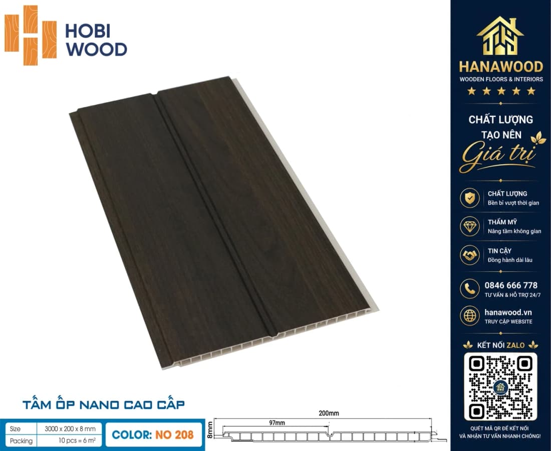 Tấm Nhựa Ốp Tường Nano Hobi Wood NO208 Dày 8mm HobiWood